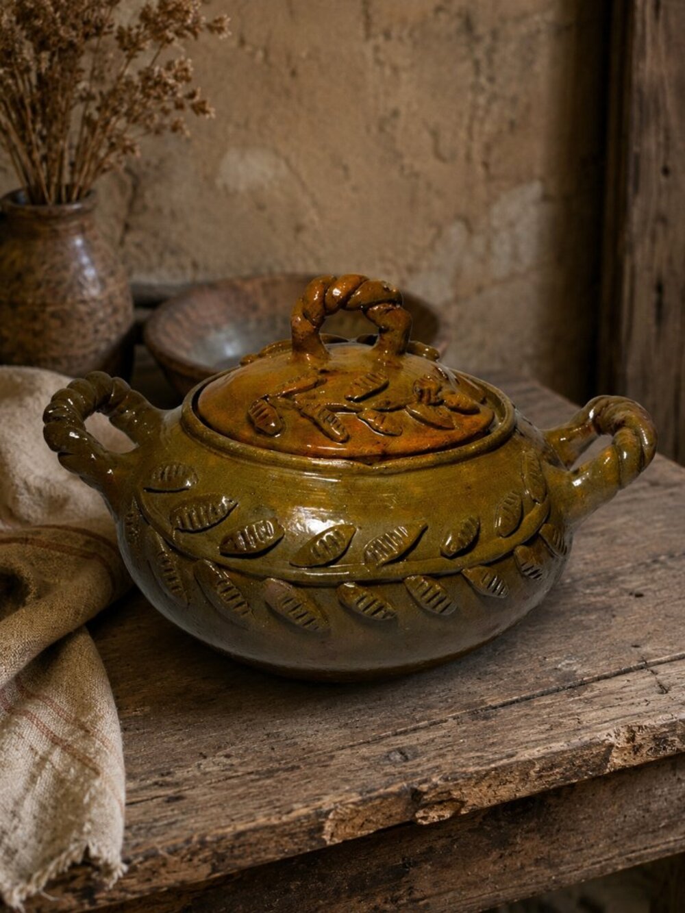 “Vintage Handmade Studio Pottery Covered Bowl Leaf Motif Rustic Stoneware Dish